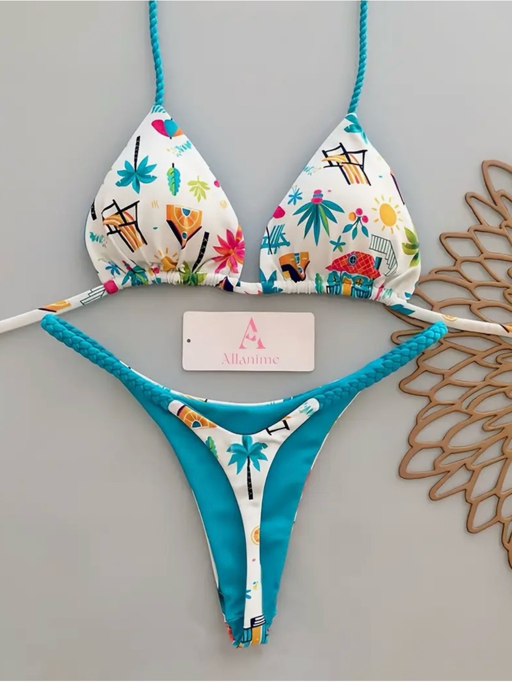 Women’s Two-Piece Tropical Print Thong Bikini - White & Turquoise